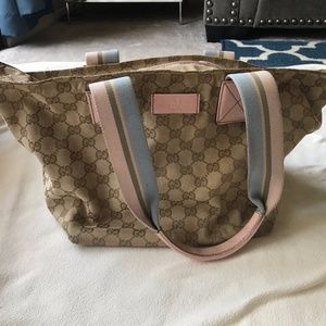 Gucci canvas tote with pink and blue straps